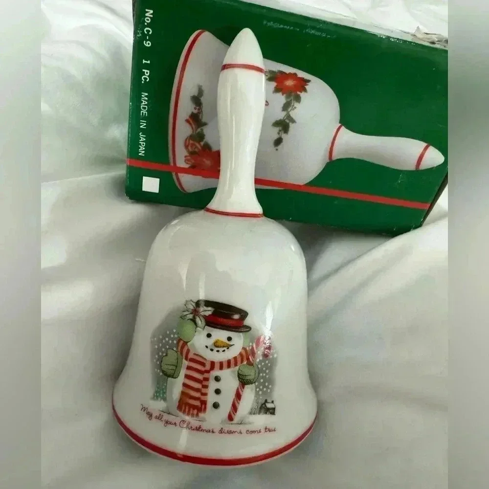 Vintage Snowman Christmas Porcelian Bell NIB  Cottagecore Classic Holiday Decor